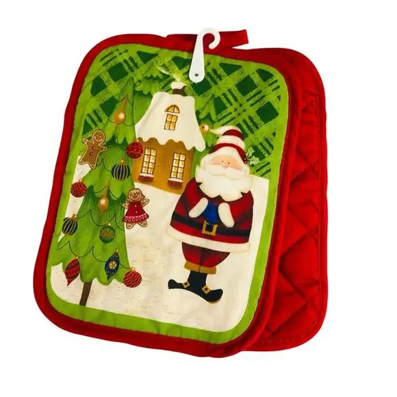 NWT Holiday Time Hot Pad Kitchen Set Christmas Design Santa Red Poinsettias - Picture 13 of 16